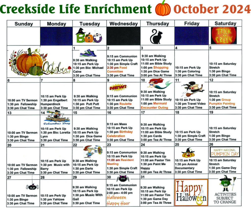 October Activities Calendar