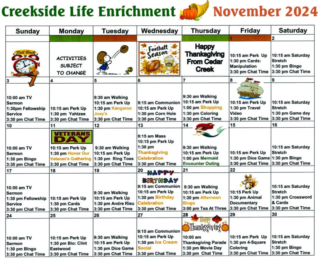 November 2024 Activities Calendar