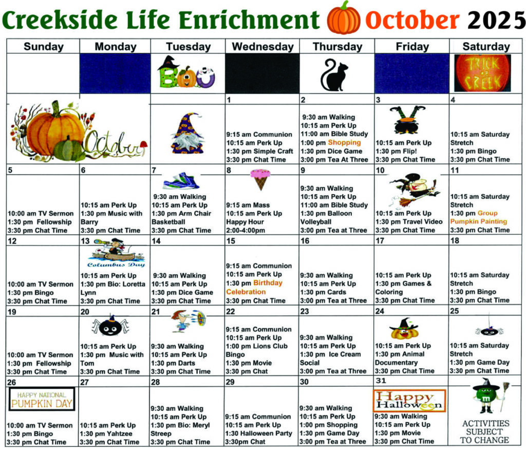 October Activities Calendar